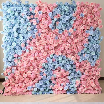 Pink and blue flower wall rental — blush and powder-blue backdrop